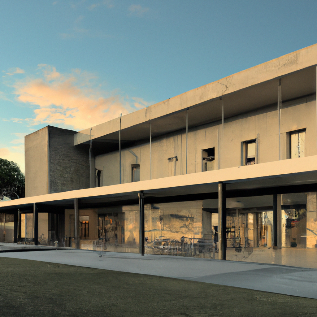 Fachada moderna de la escuela al amanecer en Argentina